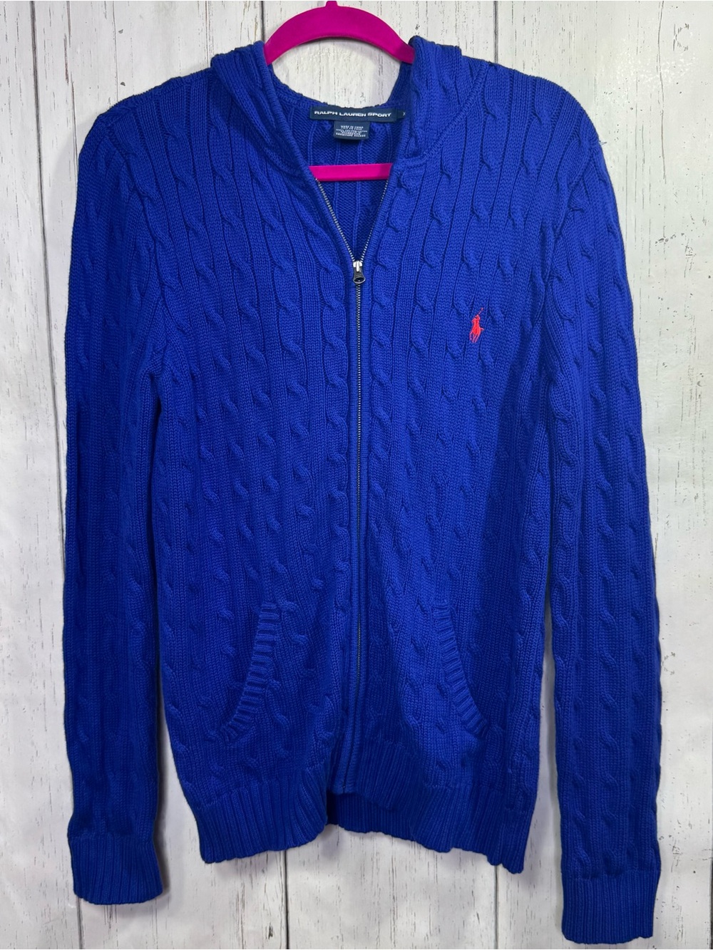 Ralph Lauren Sport Blue Cable Knit Full Zip Hoodie Preppy Old Money Classic XL
